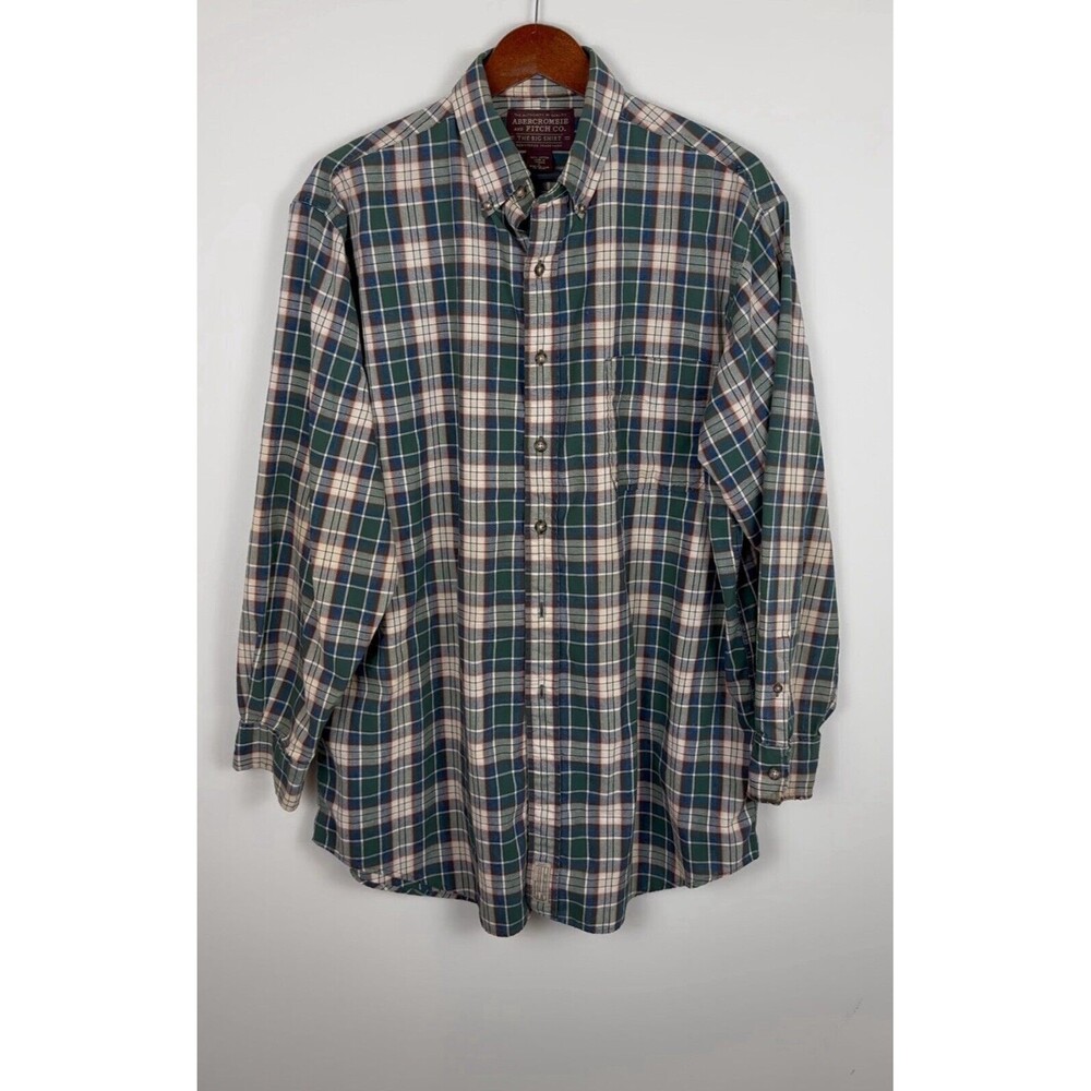 Vintage Abercrombie Fitch The Big Shirt Mens Large Green Beige Plaid Flannel